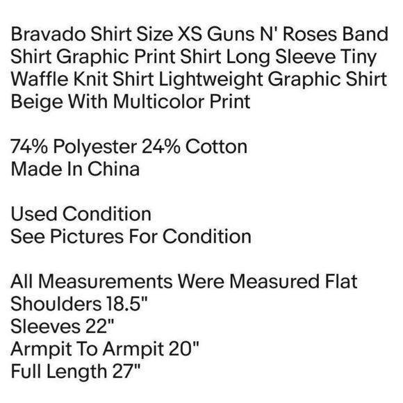 Bravado Shirt Size XS Guns N' Roses Band Shirt Graphic Print Shirt Long Sleeve - Picture 2 of 6